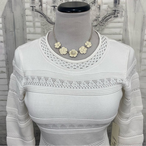 Eliza J Size Small White Pointelle Ruffle Hem Sweater Dress Sleeves Fit & Flare - Picture 3 of 8